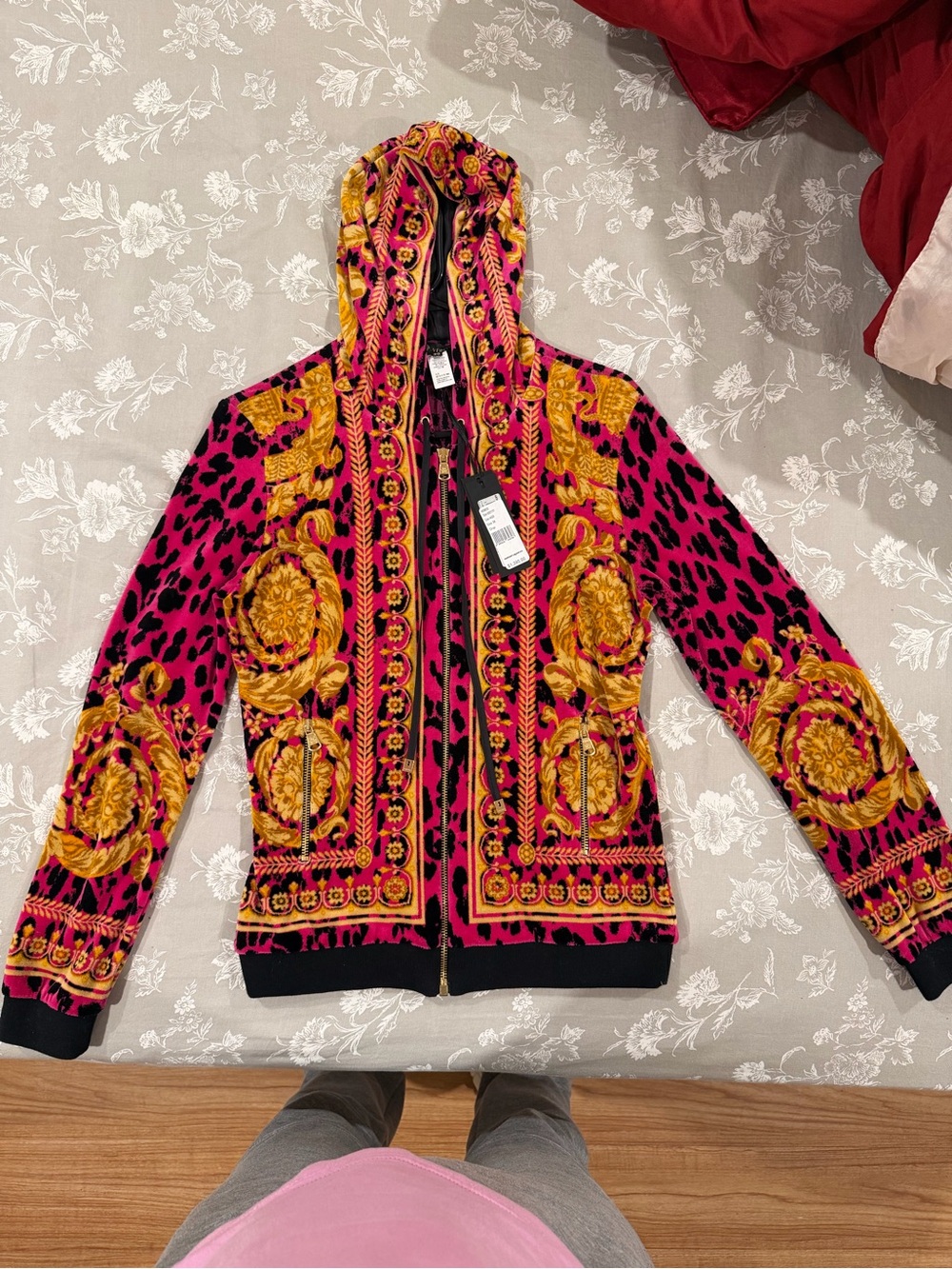 Versace Collection Pink & Gold Baroque Leopard-Print Hoodie
